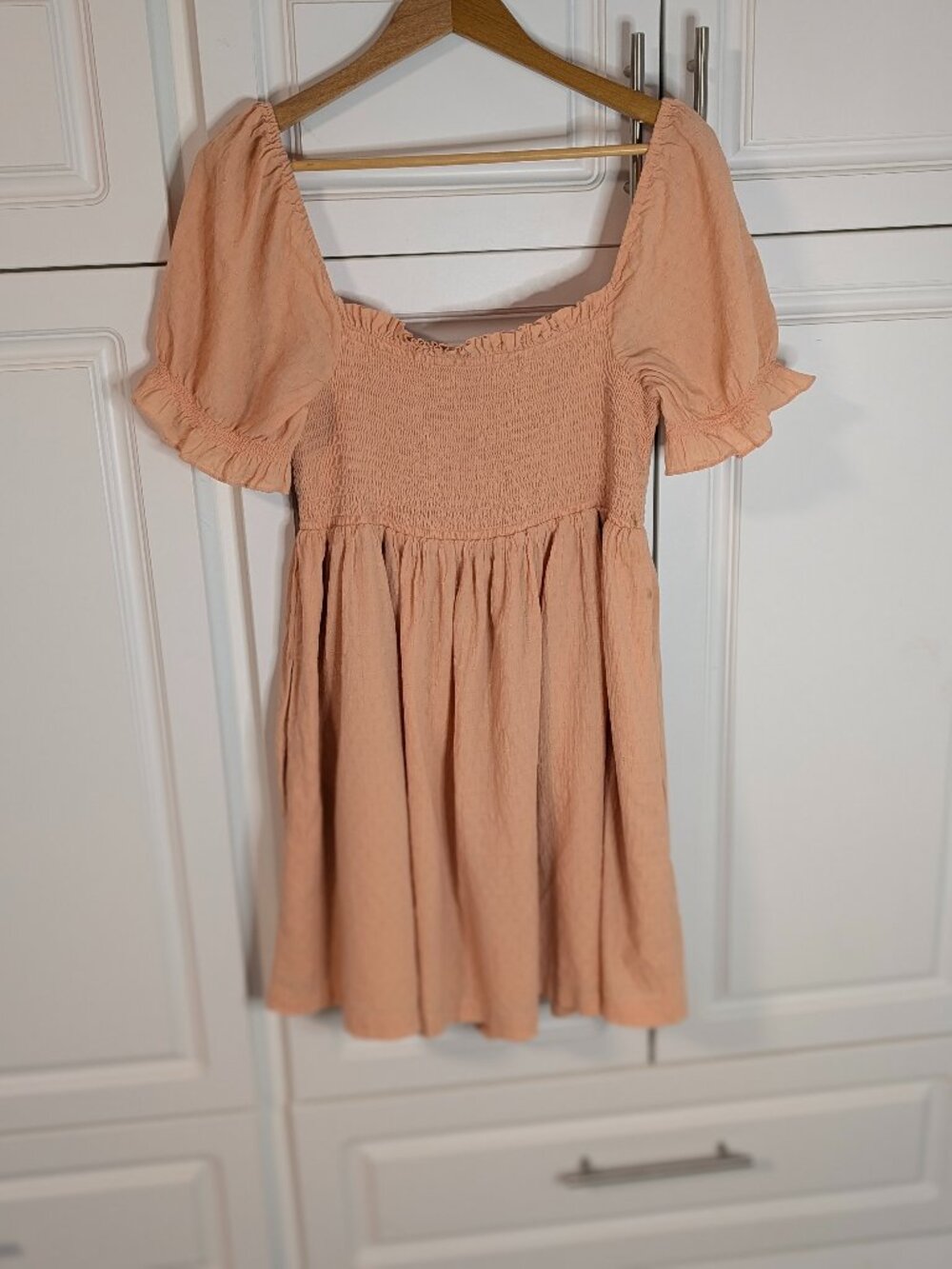 Abercrombie & Fitch Terracotta Babydoll Mini Dress Puff Sleeve XL Smocked Boho - Picture 4 of 13